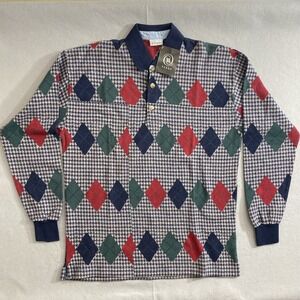 Vakko Polo Shirt Men's L Long Sleeve Cotton Argyle Houndstooth Multicolor NWT